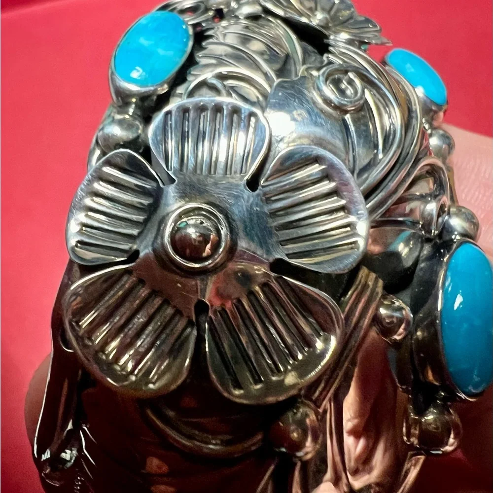 Vintage sterling silver Cuff Bracelet c11 925 Mexico Flower design/ turquoise - Picture 14 of 16